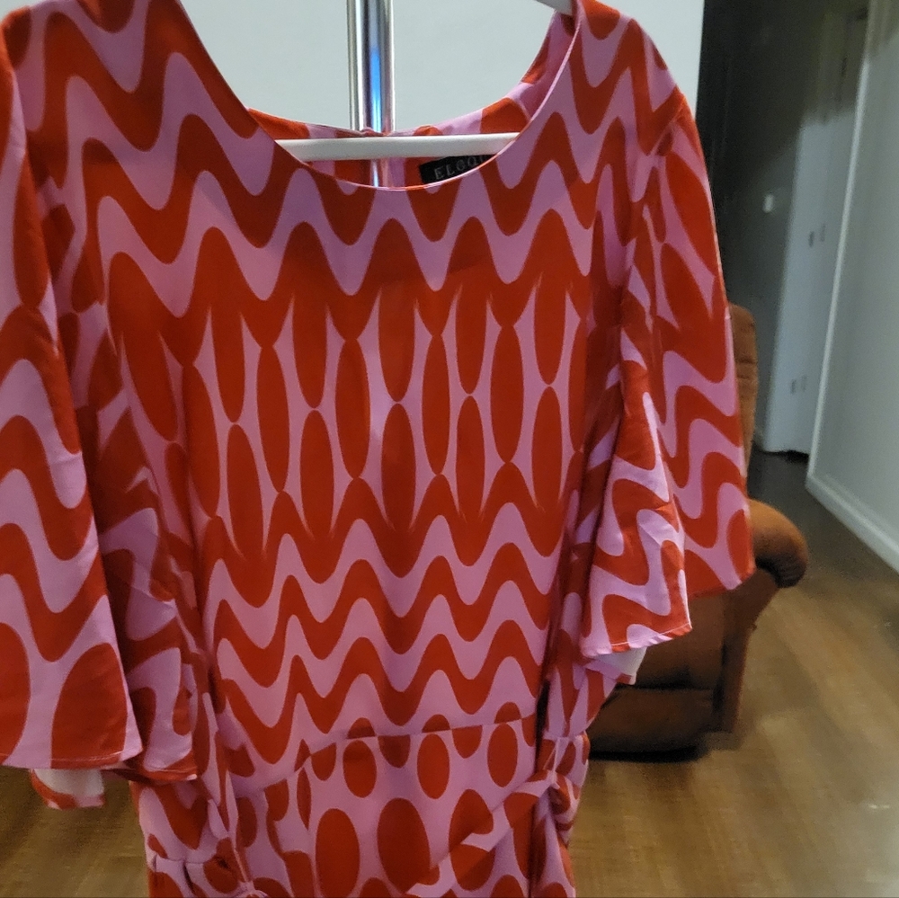 Eloquii Pink and Red Long Sleeve Wave Print Dress
